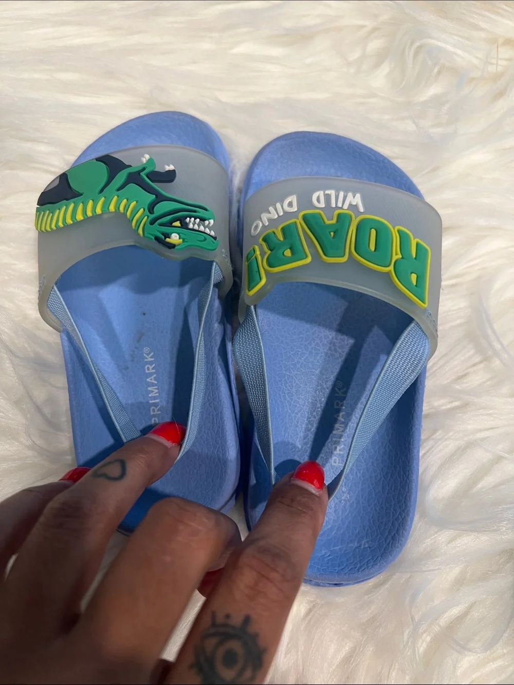 5/$35 2 used pair of Blue Dino Kids Slide Sandals - one is a size 7 & other 5/6